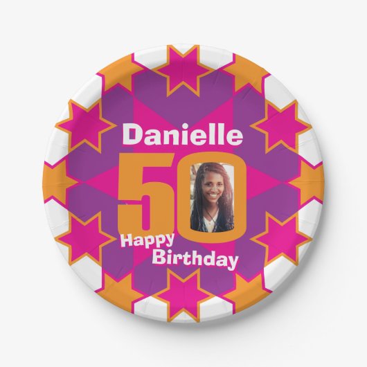 50歳の誕生日の写真名ピンクスター紙プレート ペーパープレート (正面)