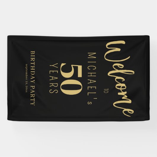 50歳の誕生日の名前パーソナライズされた黒金ゴールド 横断幕 (横)