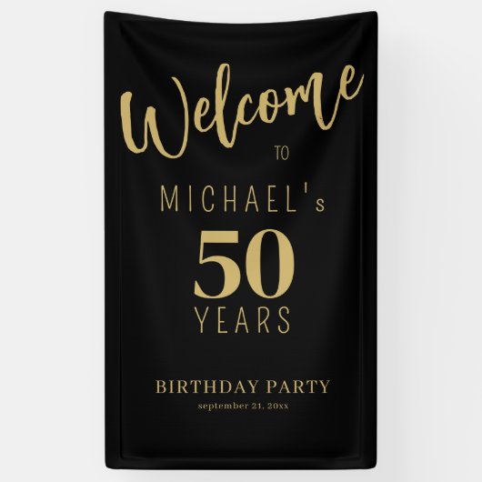 50歳の誕生日の名前パーソナライズされた黒金ゴールド 横断幕 (縦)