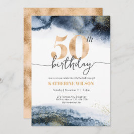 50歳の誕生日の招待ネイビーの水色と金ゴールド 招待状