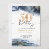 50歳の誕生日の招待、海軍の水彩と金ゴールド 招待状 (正面)