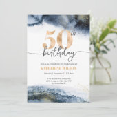 50歳の誕生日の招待、海軍の水彩と金ゴールド 招待状 (スタンド正面)
