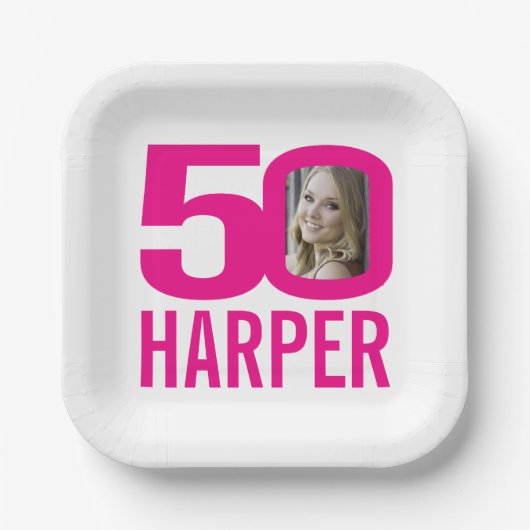 50歳の誕生日の明るいピンクの白50カスタム枚の写真 ペーパープレート (正面)