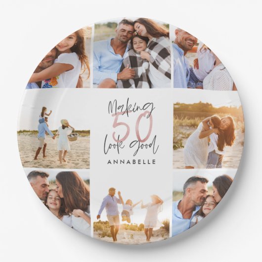 50歳の誕生日の白ガーリーグリッター写真集 ペーパープレート (正面)