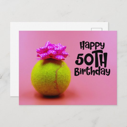 50歳の誕生日の言葉がピンク色のテニスボール ポストカード (正面/裏面)