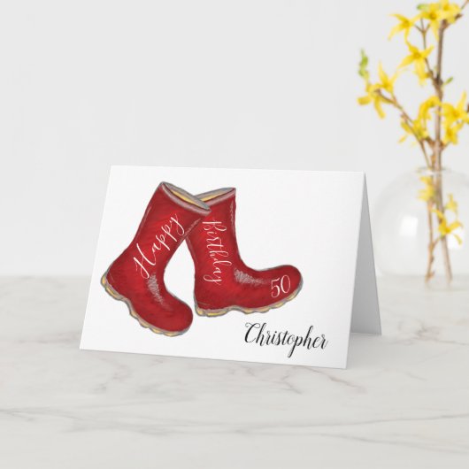 50歳の誕生日の赤いウェルブーツパパ/夫/男 カード (黄色い花)