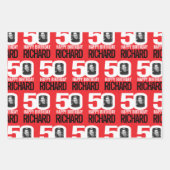 50歳の誕生日の赤い白のルック50カスタムの写真の名前 ラッピングペーパーシート (正面3)