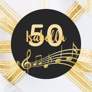 50歳の誕生日の金ゴールド音楽ノートエレガントブラック ラウンドシール