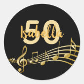 50歳の誕生日の金ゴールド音楽ノートエレガントブラック ラウンドシール (正面)