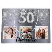 50歳の誕生日の銀のグリッターダストフォトモノグラム ラージペーパーバッグ (正面)
