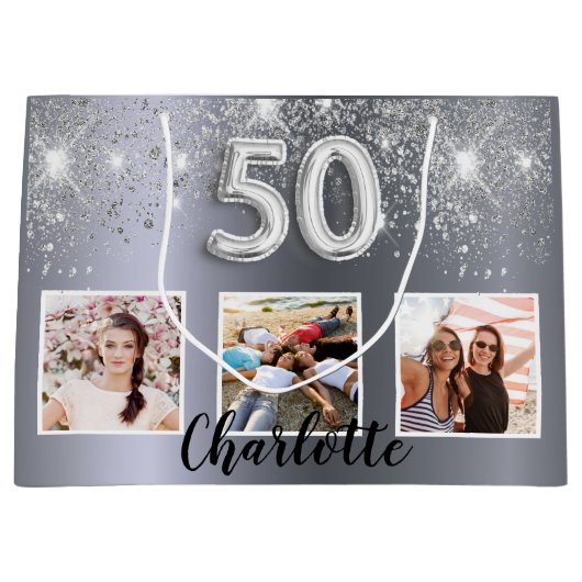 50歳の誕生日の銀のグリッターダストフォトモノグラム ラージペーパーバッグ (正面)