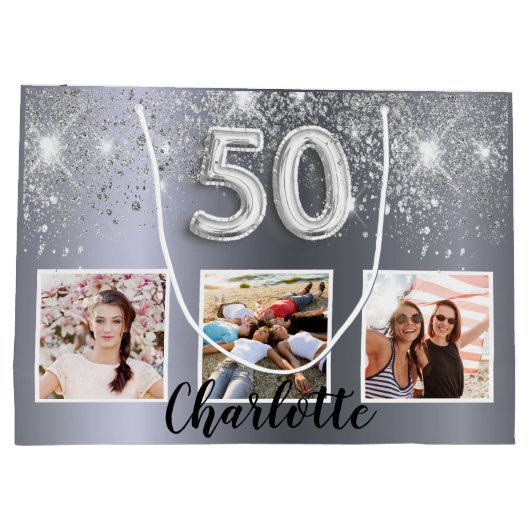 50歳の誕生日の銀のグリッターダストフォトモノグラム ラージペーパーバッグ (裏面)