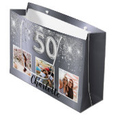 50歳の誕生日の銀のグリッターダストフォトモノグラム ラージペーパーバッグ (正面アングル)