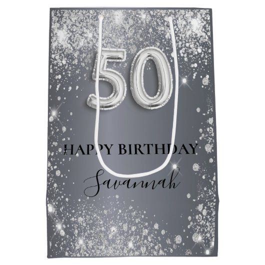 50歳の誕生日の銀のグリッターダストモノグラム ミディアムペーパーバッグ (裏面)