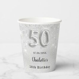 50歳の誕生日の銀のグリッターダストモノグラム 紙コップ