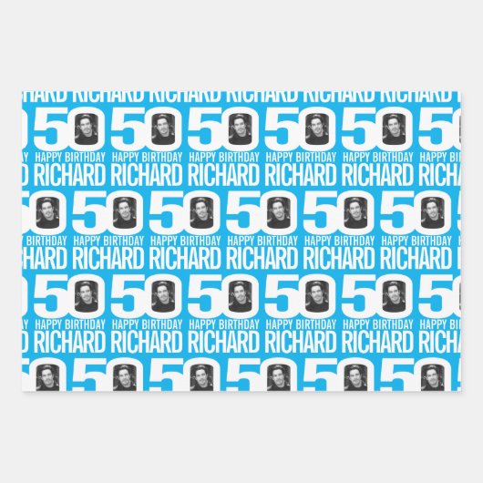 50歳の誕生日の青の白のルック50カスタムの写真名 ラッピングペーパーシート (正面3)