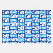 50歳の誕生日の青の白のルック50カスタムの写真名 ラッピングペーパーシート (正面2)