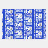 50歳の誕生日の青の白のルック50カスタムの写真名 ラッピングペーパーシート (正面)