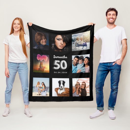 50歳の誕生日の黒いシルバーフォトコラージュの名前 フリースブランケット (インサイチュ)
