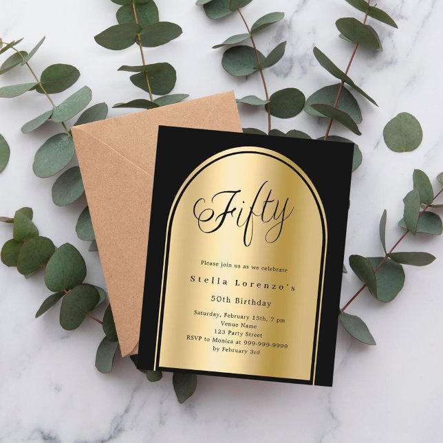 50歳の誕生日の黒い金ゴールドのアーチスクリプトの招待 (クリエイターアップロード済み)