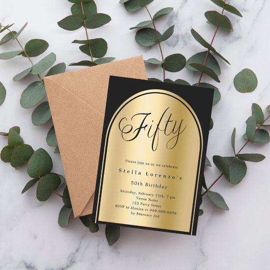 50歳の誕生日の黒い金ゴールドのアーチスクリプトエレガント 招待状