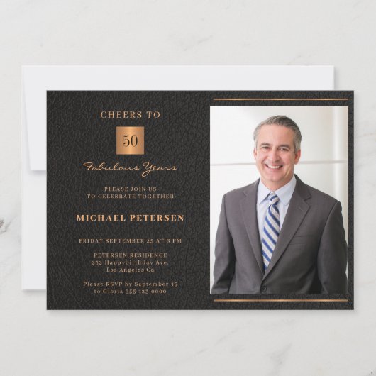50歳の誕生日の黒い金ゴールドエレガントカスタム写真 招待状 (正面)