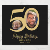 50歳の誕生日の黒い金ゴールドモダン写真 スパークリングワインラベル (シングルラベル)