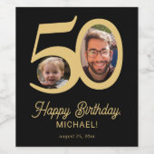 50歳の誕生日の黒い金ゴールドモダン写真 ワインラベル (シングルラベル)
