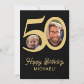 50歳の誕生日の黒い金ゴールド写真 カード (正面)