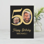 50歳の誕生日の黒い金ゴールド写真 カード (スタンド正面)