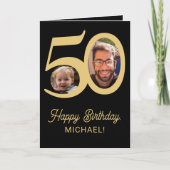 50歳の誕生日の黒い金ゴールド写真 カード (正面)