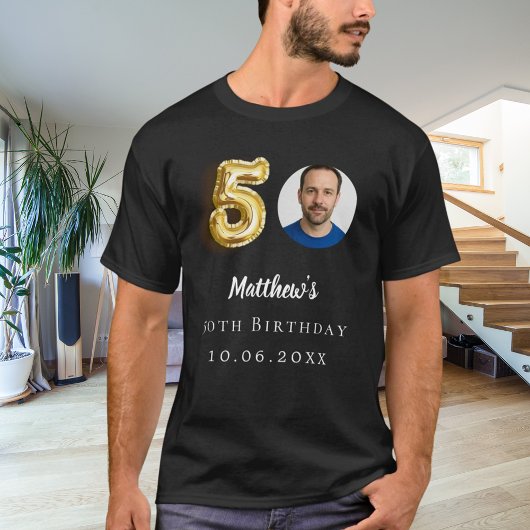 50歳の誕生日の黒い金ゴールド写真 Tシャツ