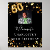 50歳の誕生日の黒い金ゴールド星写真ようこそ ポスター (正面)