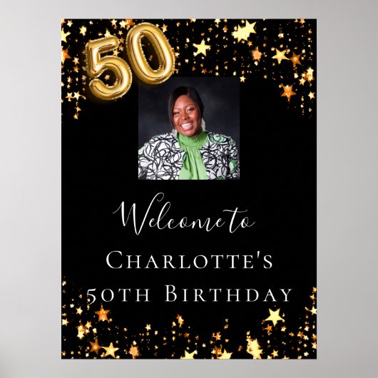 50歳の誕生日の黒い金ゴールド星写真ようこそ ポスター (正面)