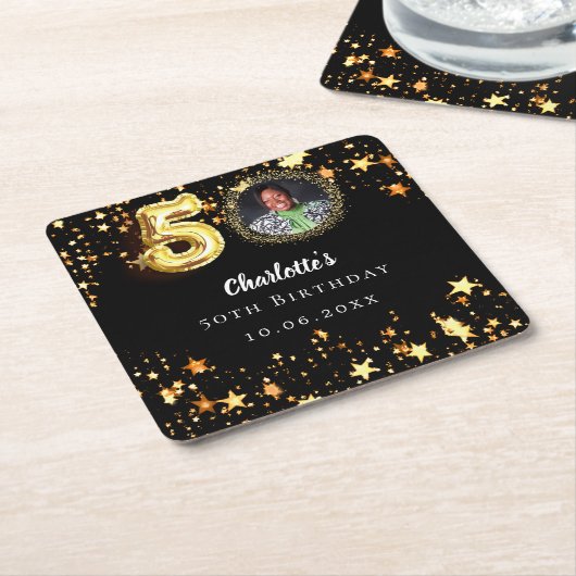 50歳の誕生日の黒い金ゴールド星写真 スクエアペーパーコースター (アングル)