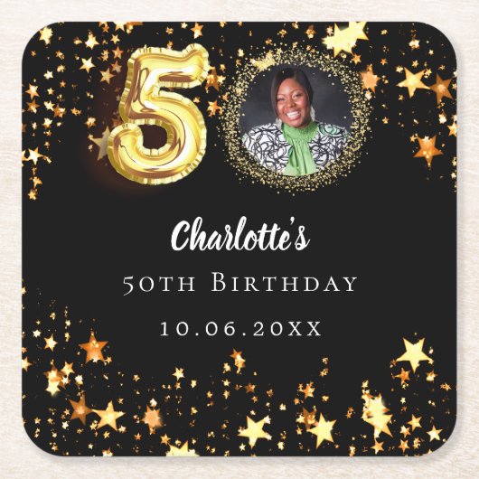 50歳の誕生日の黒い金ゴールド星写真 スクエアペーパーコースター (正面)