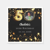 50歳の誕生日の黒い金ゴールド星写真 スタンダードカクテルナプキン (正面)