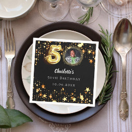 50歳の誕生日の黒い金ゴールド星写真 スタンダードカクテルナプキン