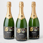 50歳の誕生日の黒い金ゴールド星写真 スパークリングワインラベル (ボトル)