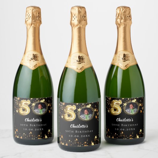 50歳の誕生日の黒い金ゴールド星写真 スパークリングワインラベル (ボトル)