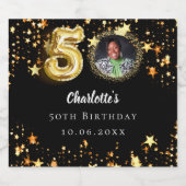 50歳の誕生日の黒い金ゴールド星写真 スパークリングワインラベル (シングルラベル)