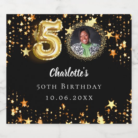 50歳の誕生日の黒い金ゴールド星写真 スパークリングワインラベル (シングルラベル)