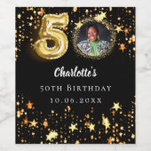 50歳の誕生日の黒い金ゴールド星写真 ワインラベル (シングルラベル)