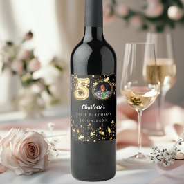 50歳の誕生日の黒い金ゴールド星写真 ワインラベル