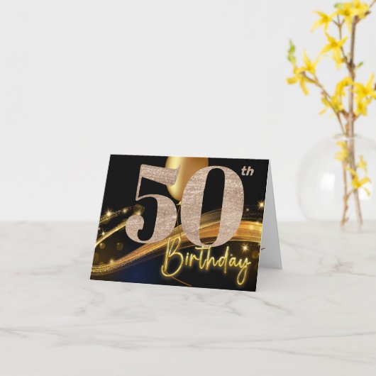 50歳の誕生日の黒番と金ゴールドエレガント誕生日 カード (黄色い花)
