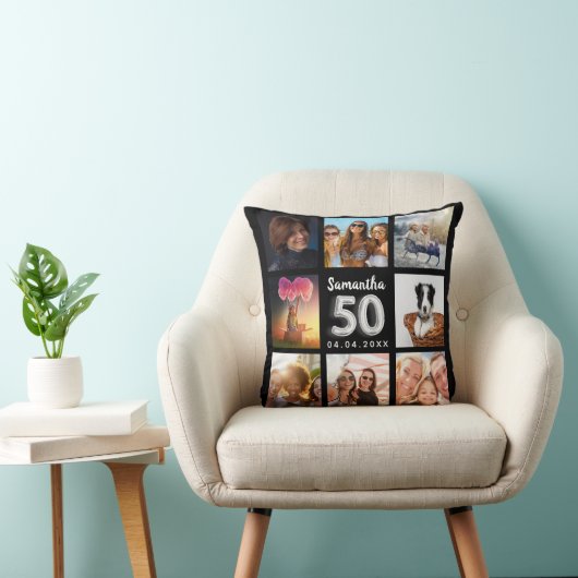 50歳の誕生日の黒銀写真コラージュ クッション (椅子)