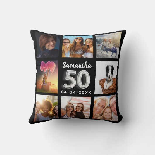 50歳の誕生日の黒銀写真コラージュ クッション (裏面)