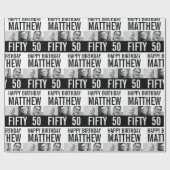 50歳の誕生日の3枚の写真の白黒ストライプの ラッピングペーパー (フラット)