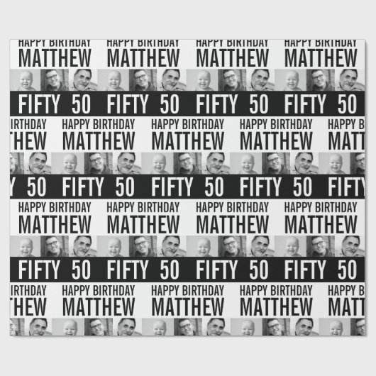 50歳の誕生日の3枚の写真の白黒ストライプの ラッピングペーパー (フラット)