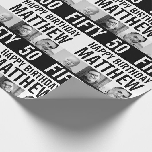 50歳の誕生日の3枚の写真の白黒ストライプの ラッピングペーパー (角)